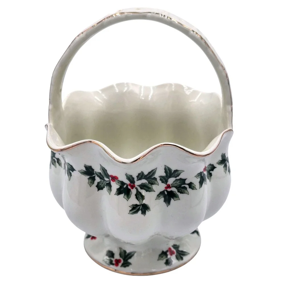Living Quarters Christmas Holly‎ Berry Ceramic Footed Basket Candy Dish Flowers